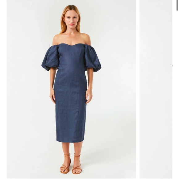 Rhode Karima Linen Puff Sleeve Navy Dress - Picture 1 of 5
